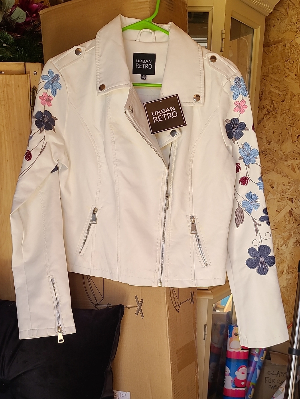 Women's White Floral Embroidered Moto Jacket
